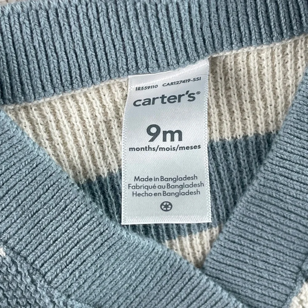 Carters Baby Boy Blue White Striped Waffle Knit Cardigan Sweater 9 Months